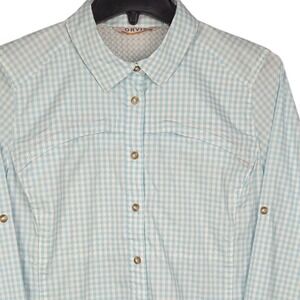 Orvis Button Up Shirt Women Medium Blue White Gingham Roll Sleeve Outdoor Hiking